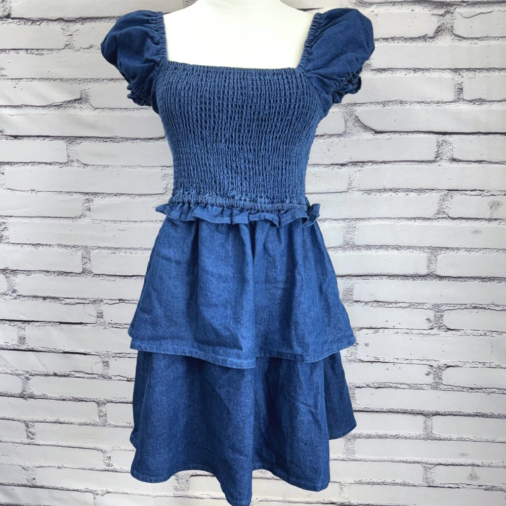 Jolie & Joy Jeans Blue Denim Smocked Tiered Mini Dress Puff‎ Sleeve J3L4950D L